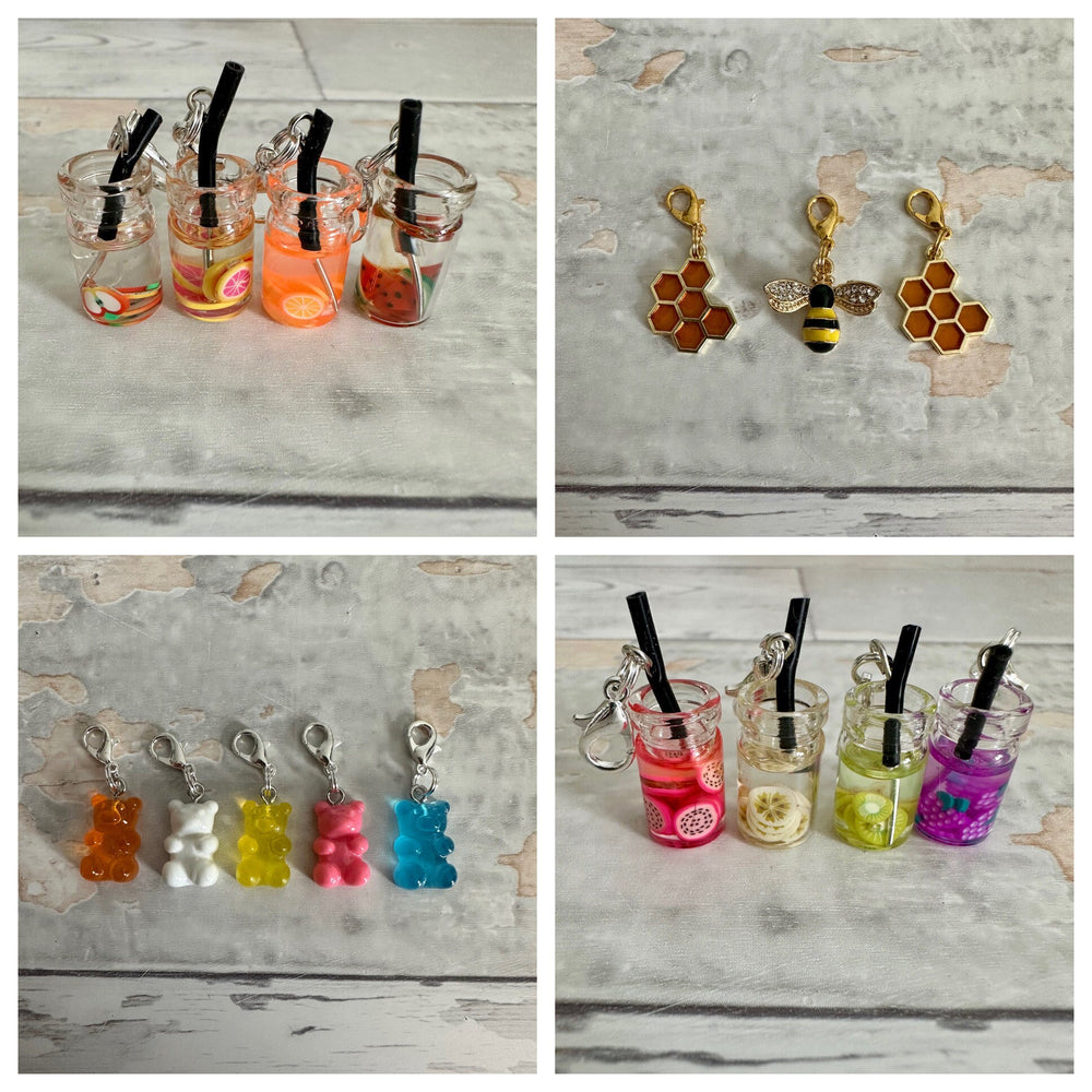 Stitch Marker Set, Progress Keeper, Gummy bears, Bubble Tea, Boba Tea, Infused Water, Ice Cream,  Bee, Honey